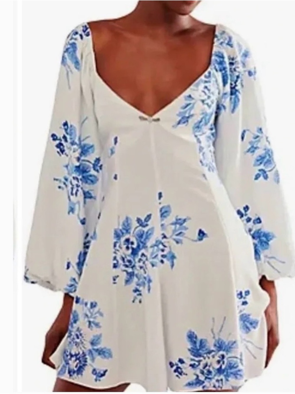 Free People White Mini Dress with Blue Floral Print